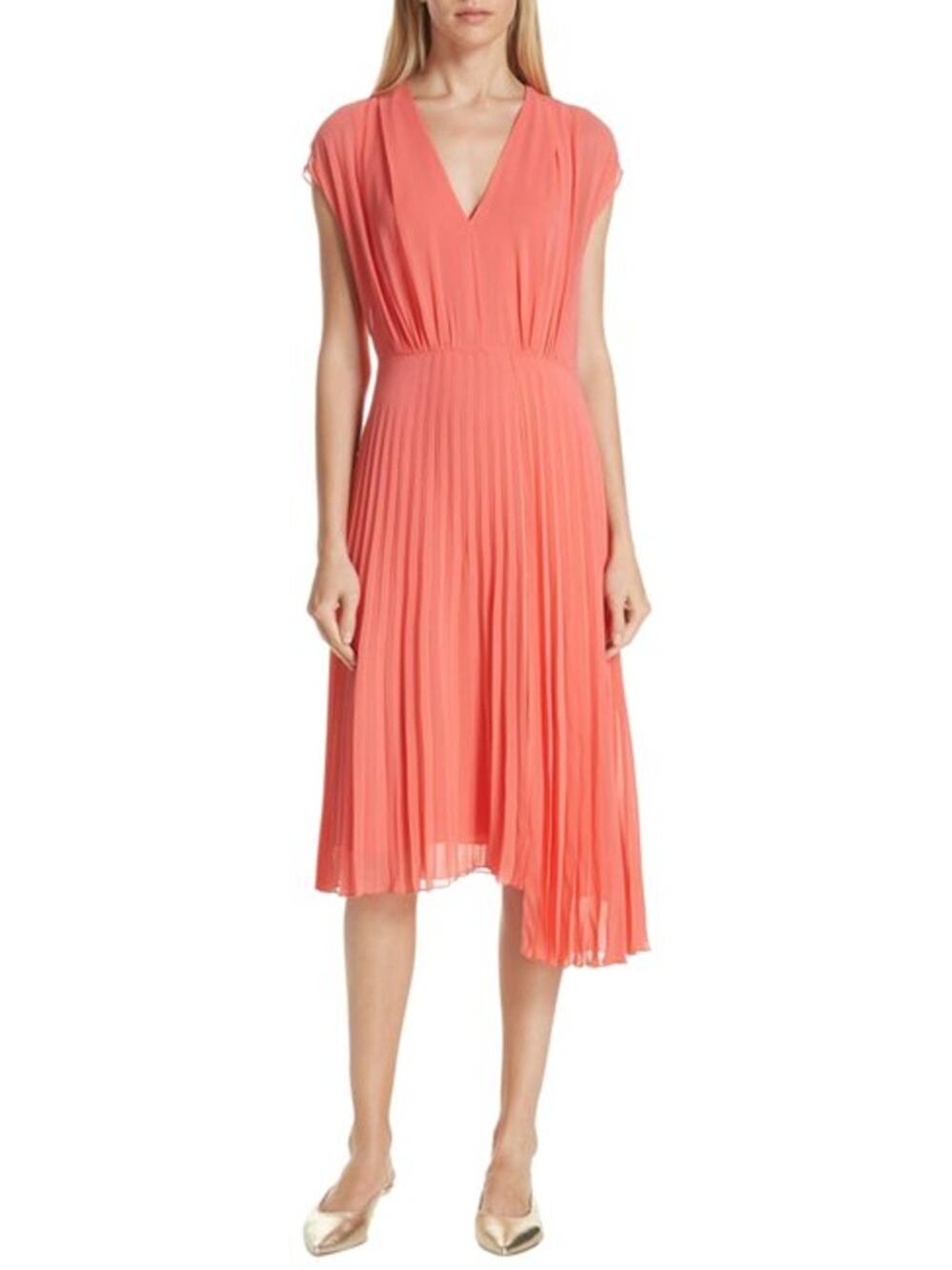 LEWIT Coral Pleated Chiffon Dress Women's 6 V-Neck High Low Asymmetrical